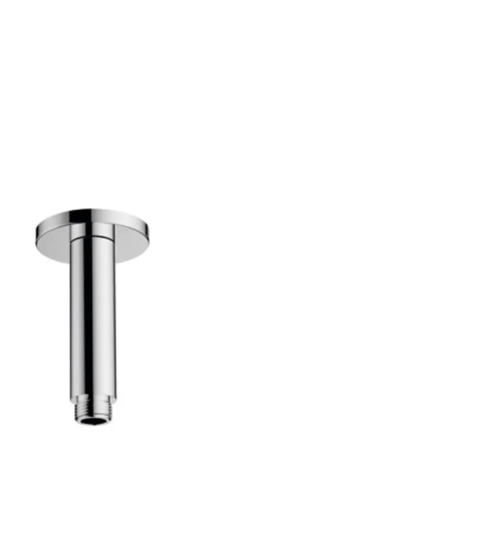 Deckenanschluss aus Chrom mit runder Abdeckung und vertikalem Rohr, geeignet für die Montage mit Hansgrohe Duschsystemen.
